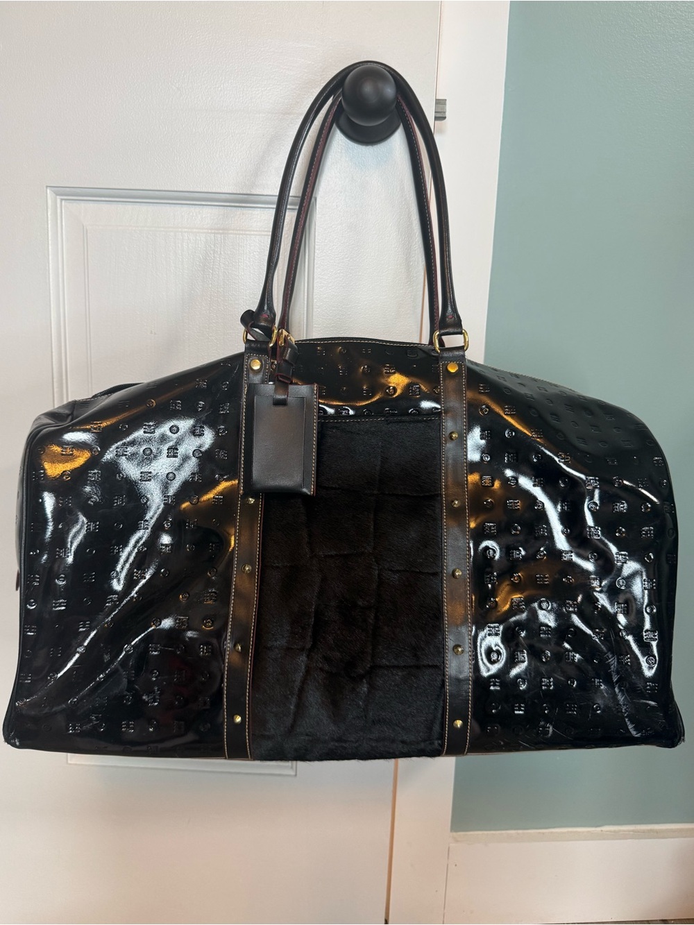 Arcadia Black Patent Leather Weekender Duffle Bag